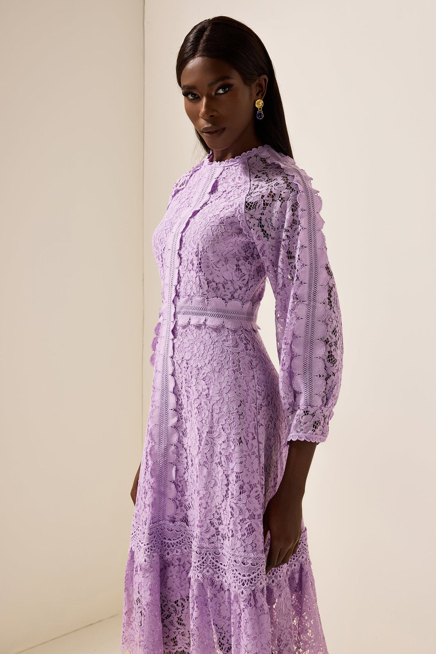 Embroidered Frill Midi Dress