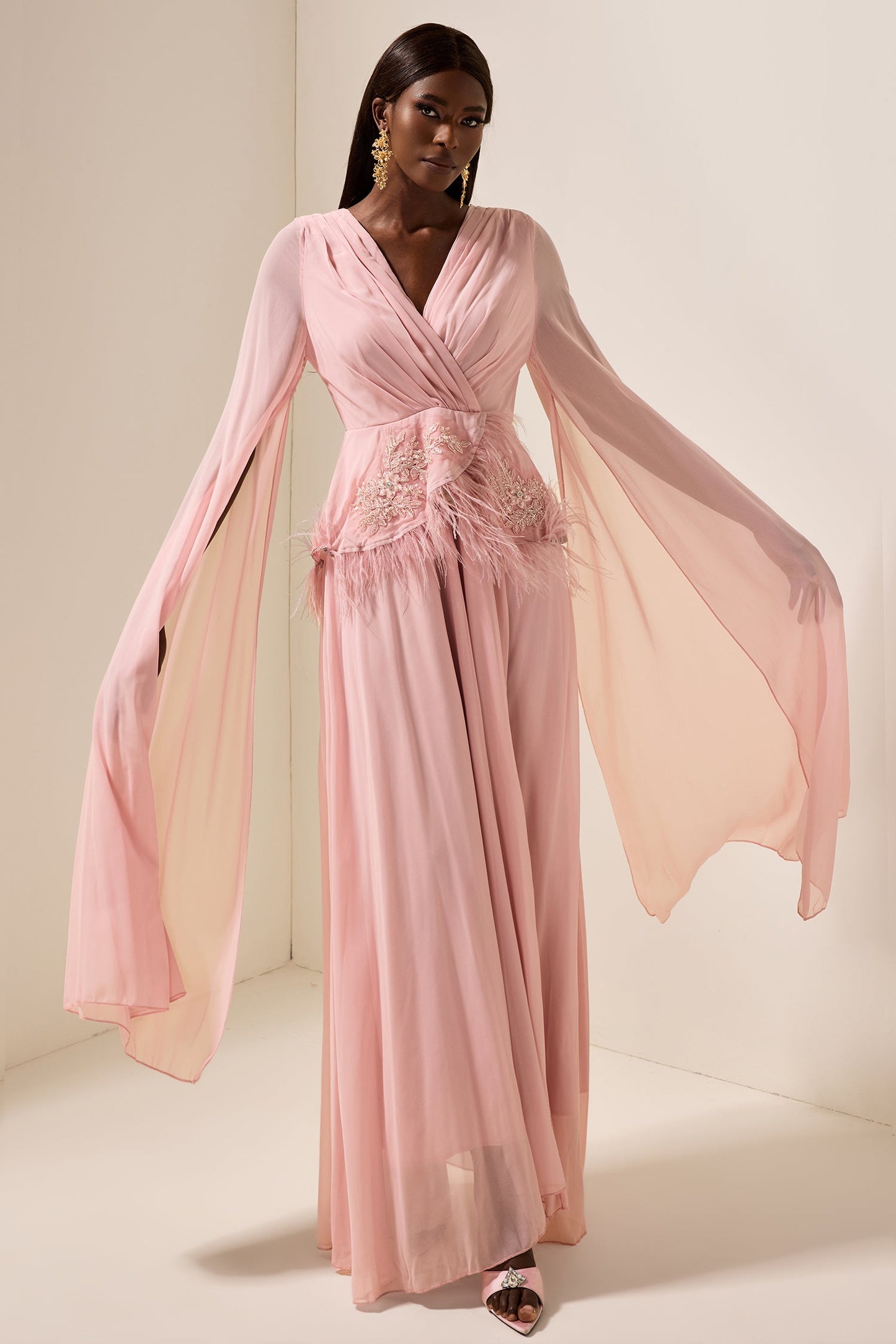 Embroidered Feather Maxi Dress