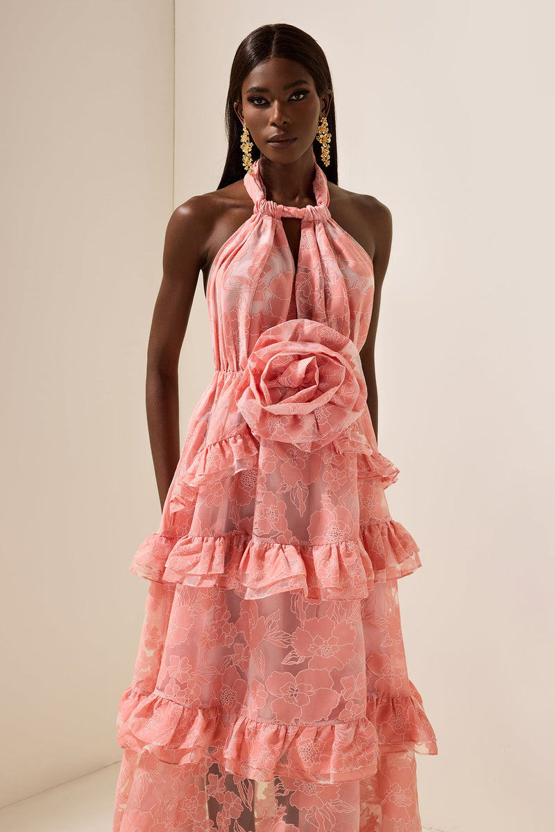 3d Flower Halter Neck Sleeveless Maxi Dress