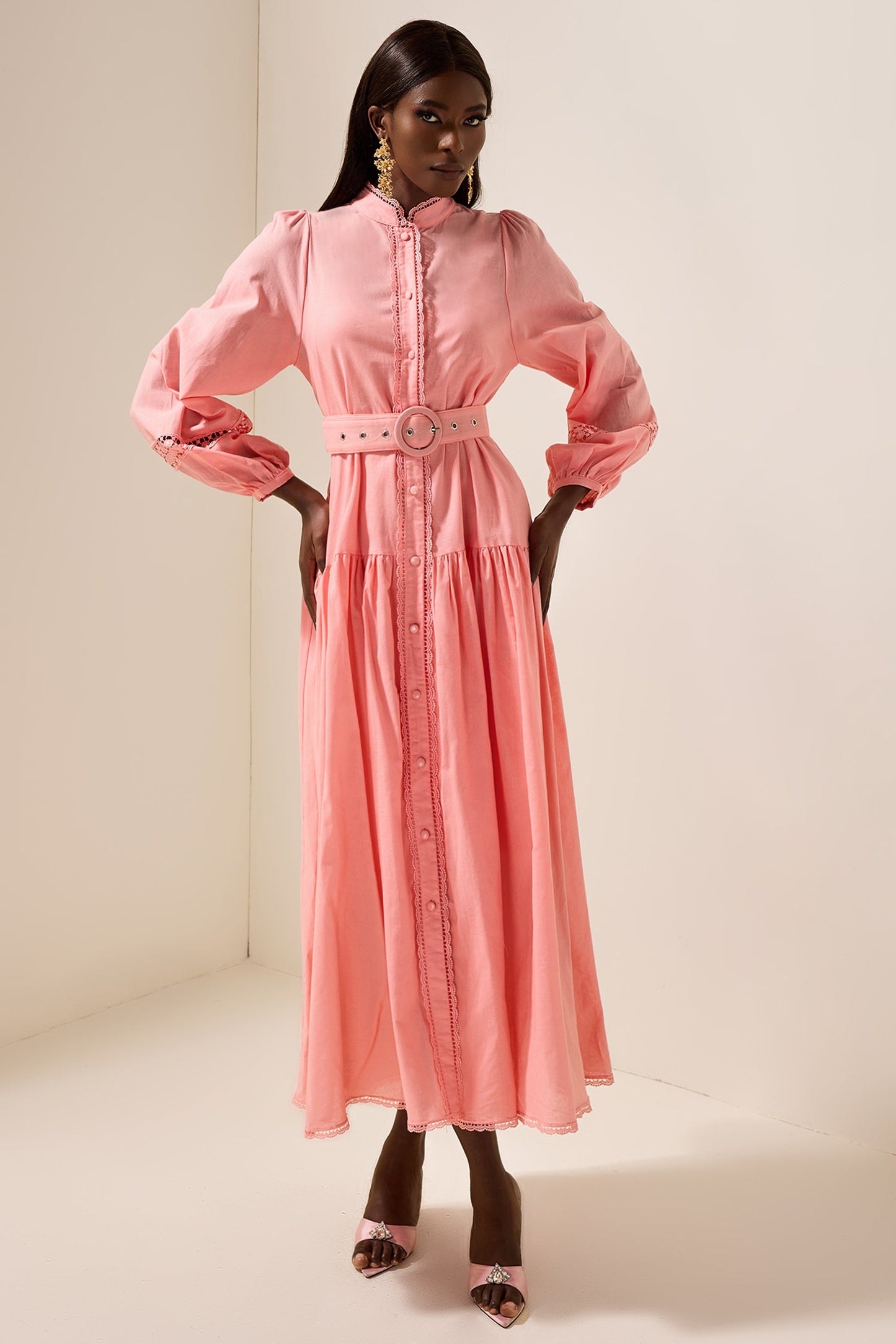 Lantern Sleeve With Belt Midi Dress