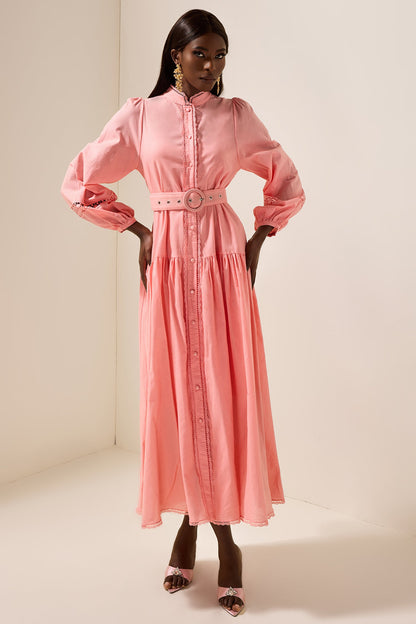 Lantern Sleeve With Belt Midi Dress