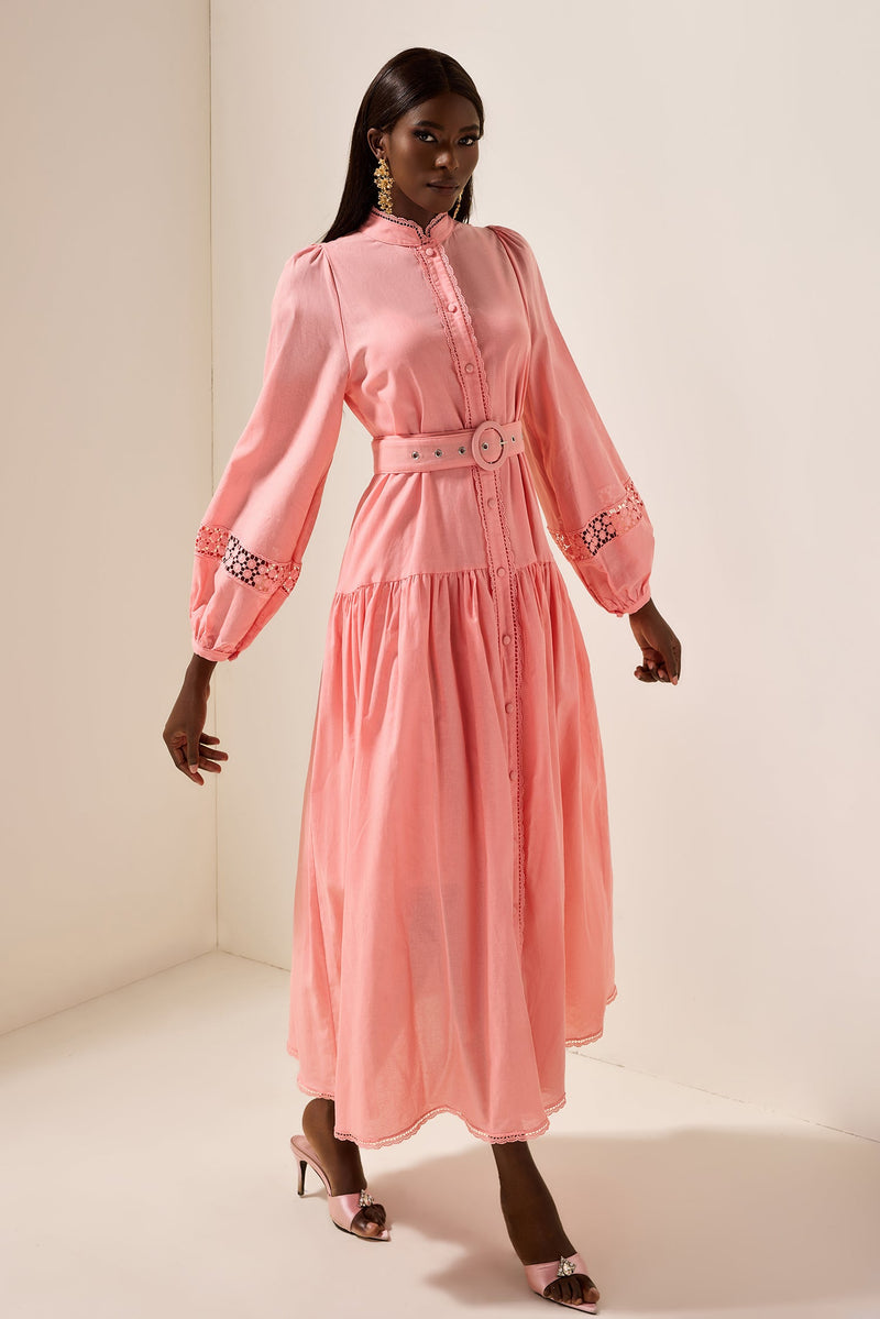 Lantern Sleeve With Belt Midi Dress