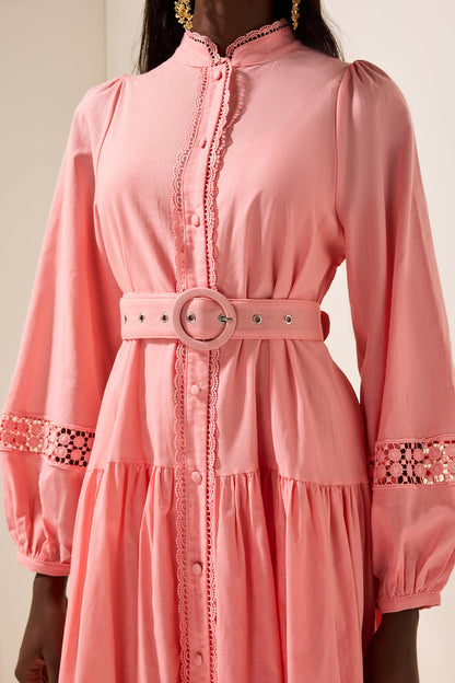 Lantern Sleeve With Belt Midi Dress