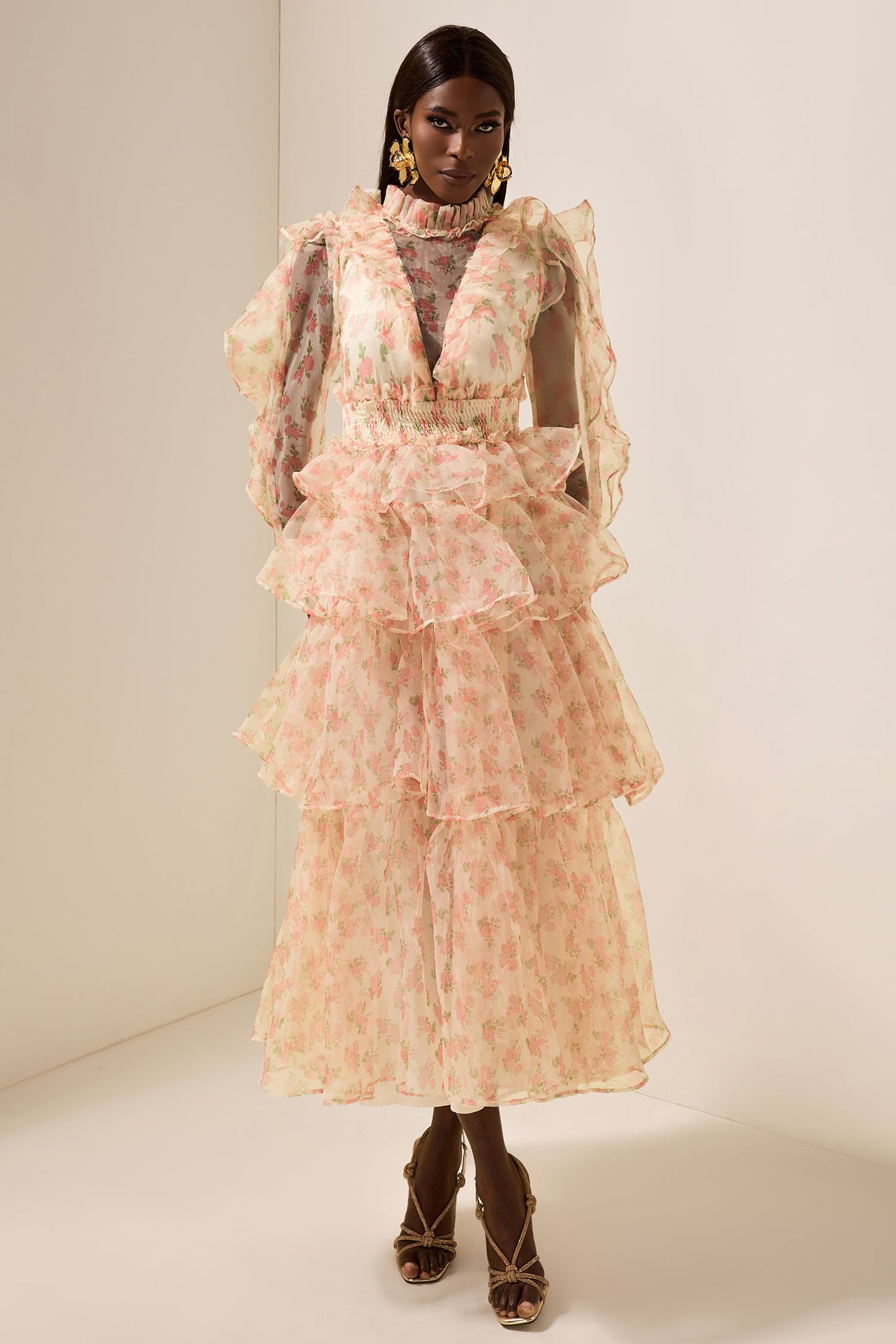 Long Sleeve Smocking Tiered Midi Dress