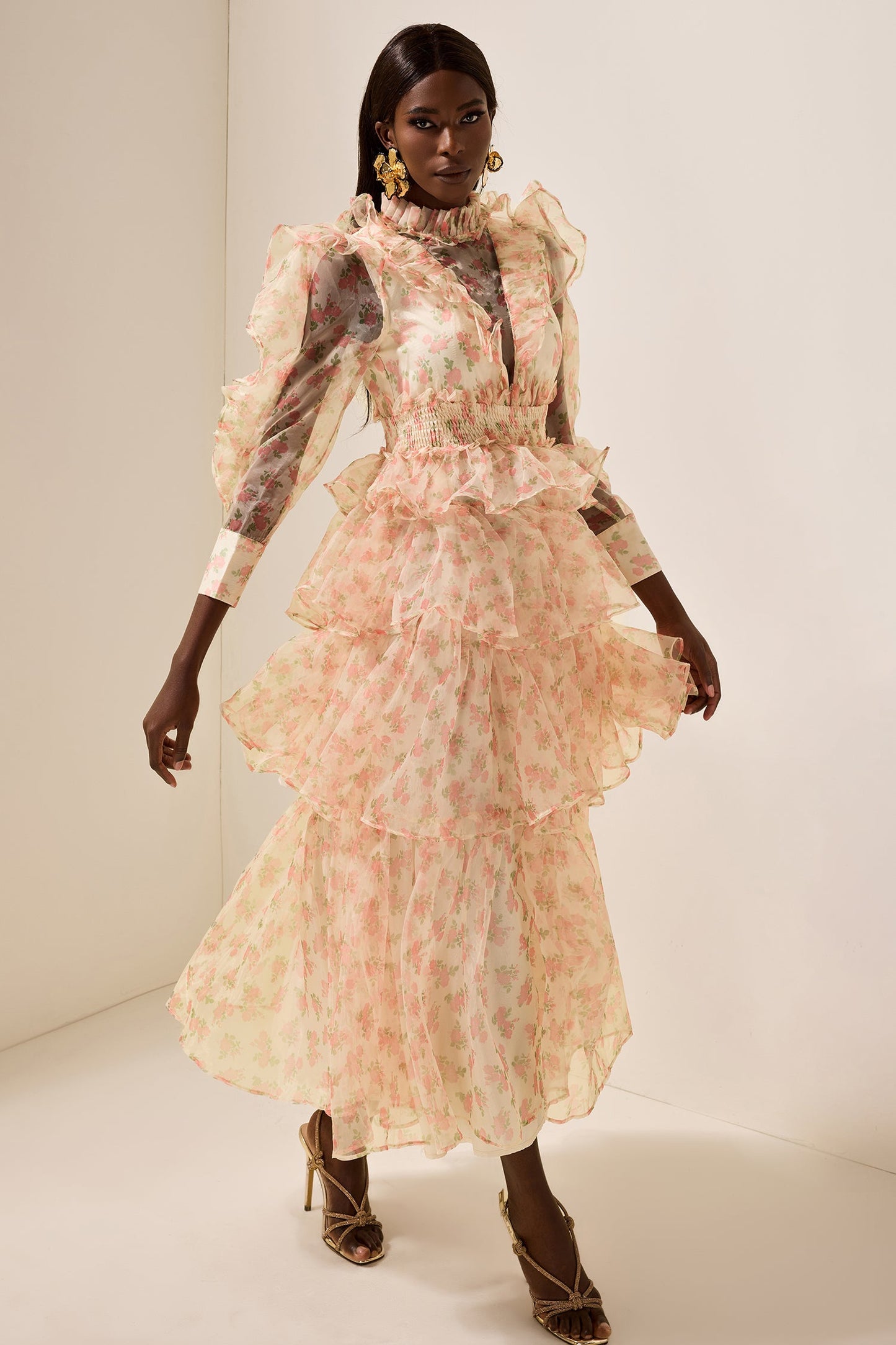 Long Sleeve Smocking Tiered Midi Dress