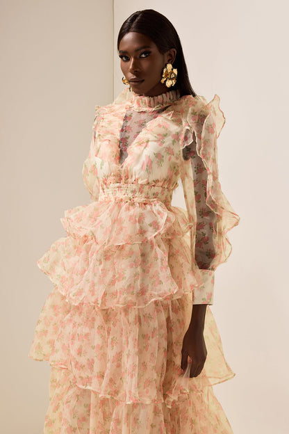 Long Sleeve Smocking Tiered Midi Dress