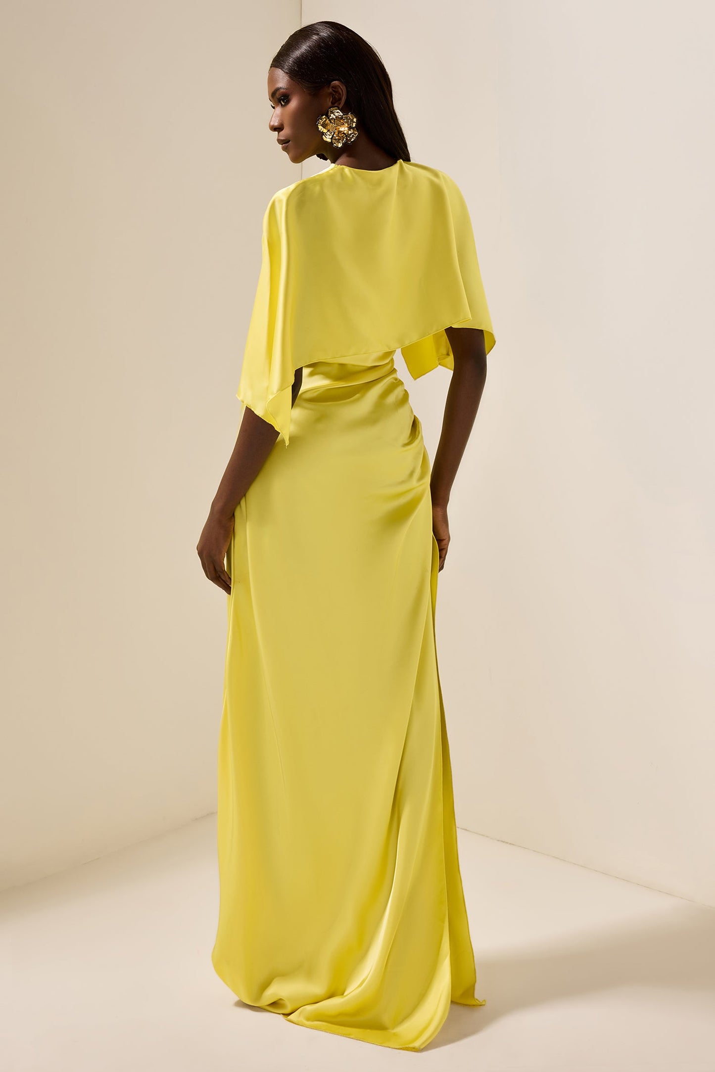 Satin Ruched Cape Sleeve Split Maxi Dress