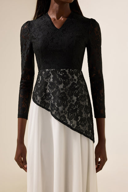 Lace Splicing Chiffon V-neck Midi Dress