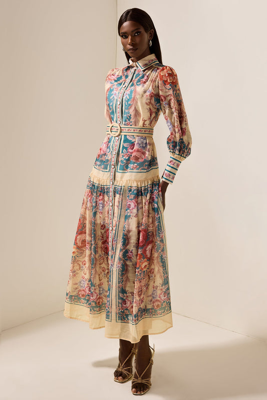Shirt Collar Lantern Sleeve Midi Dress