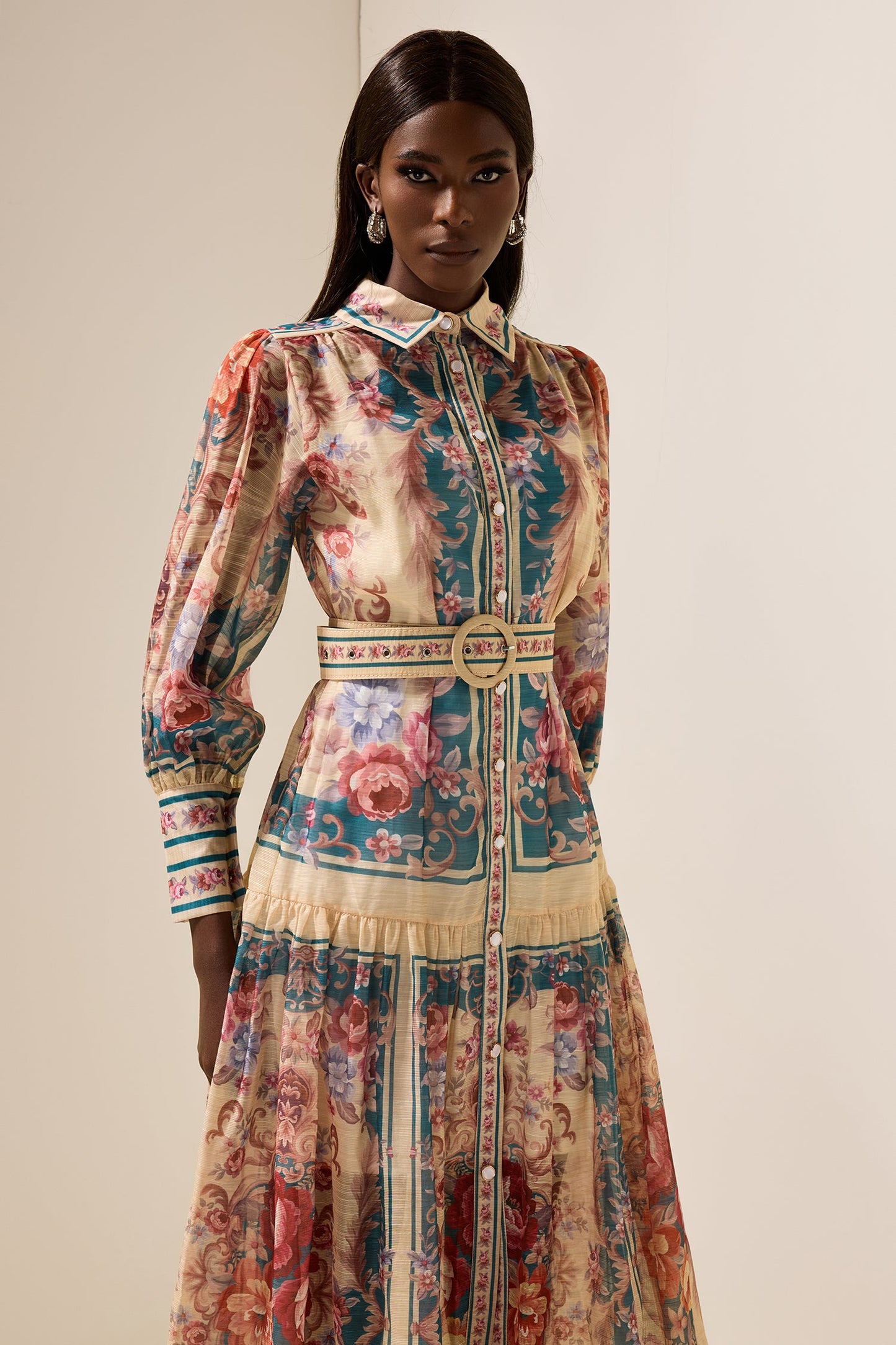 Shirt Collar Lantern Sleeve Midi Dress