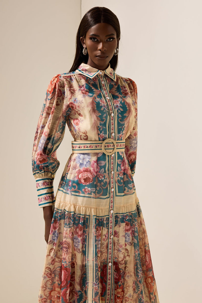 Shirt Collar Lantern Sleeve Midi Dress