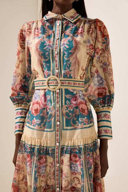 Shirt Collar Lantern Sleeve Midi Dress
