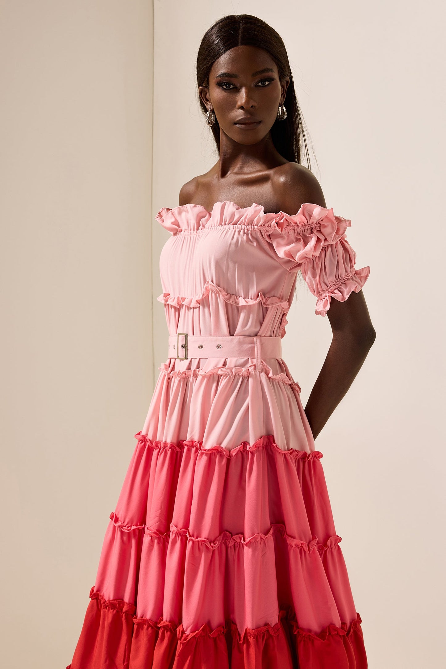 Contrast Color Off-shoulder Frill Midi Dress