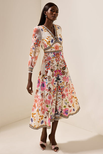 Lantern Sleeve V-neck Midi Dress