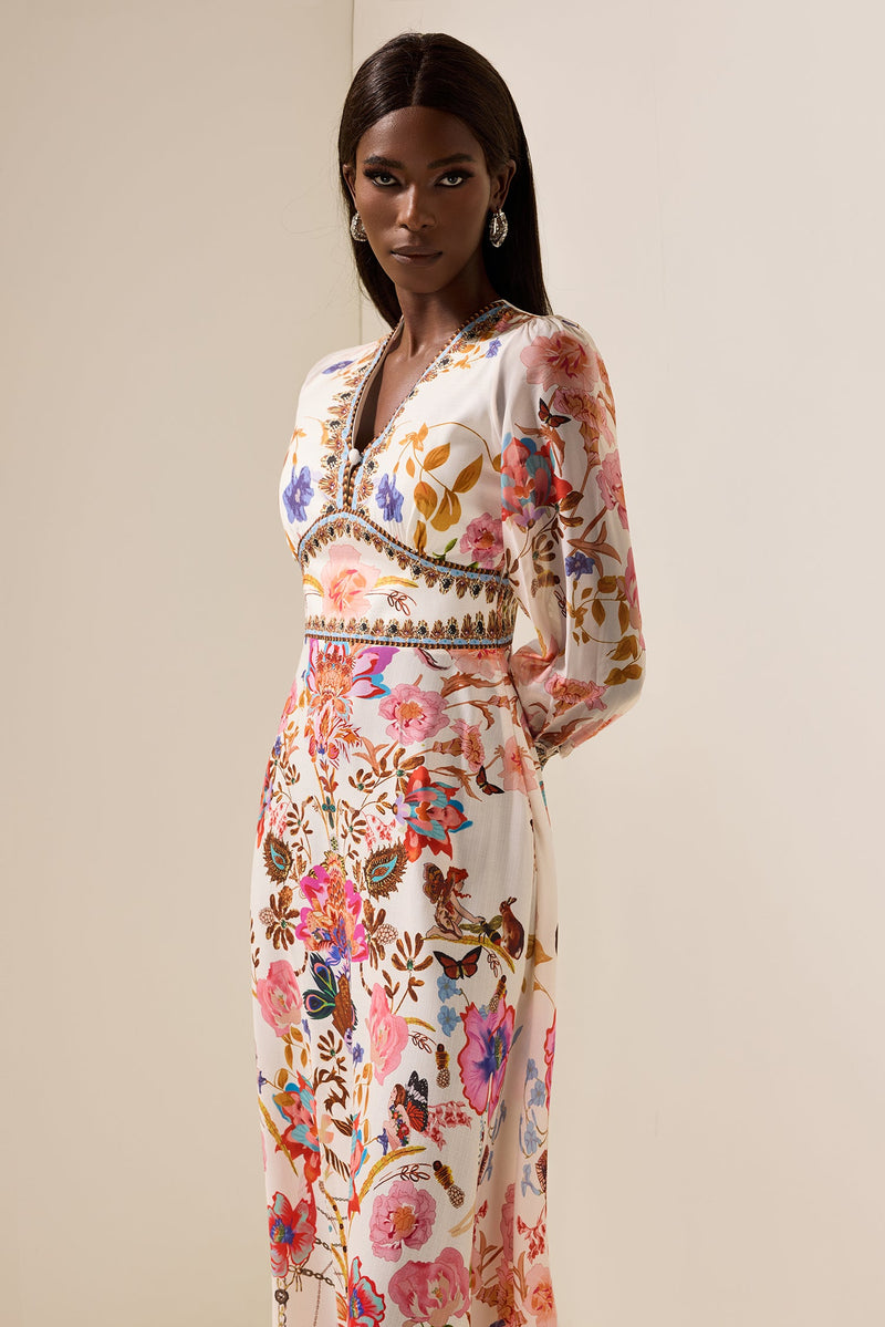Lantern Sleeve V-neck Midi Dress