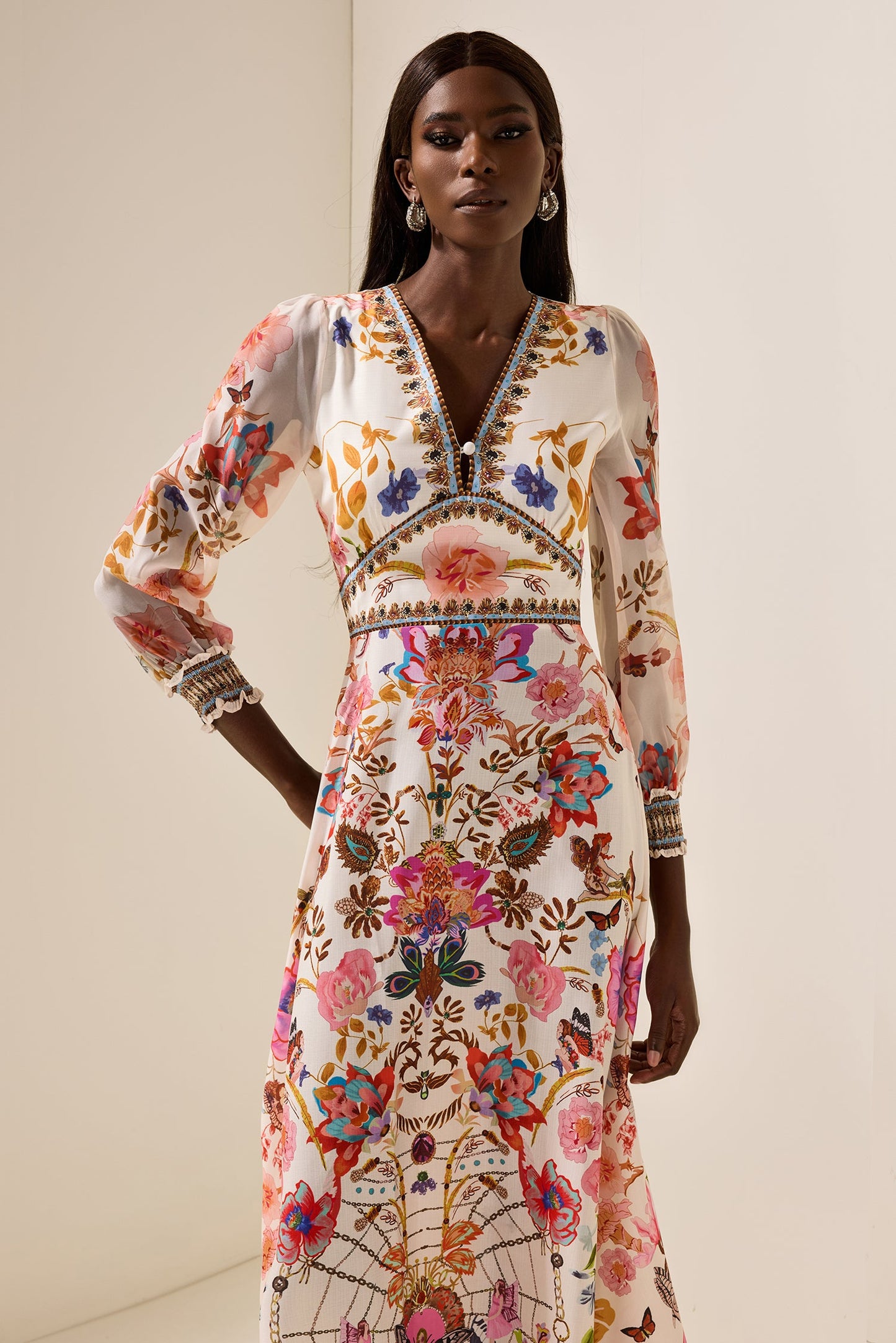 Lantern Sleeve V-neck Midi Dress