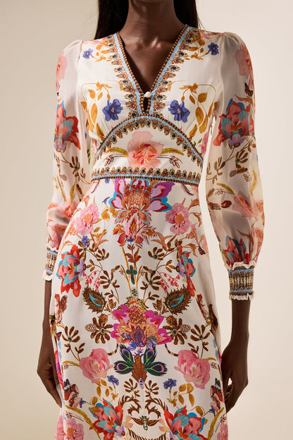Lantern Sleeve V-neck Midi Dress