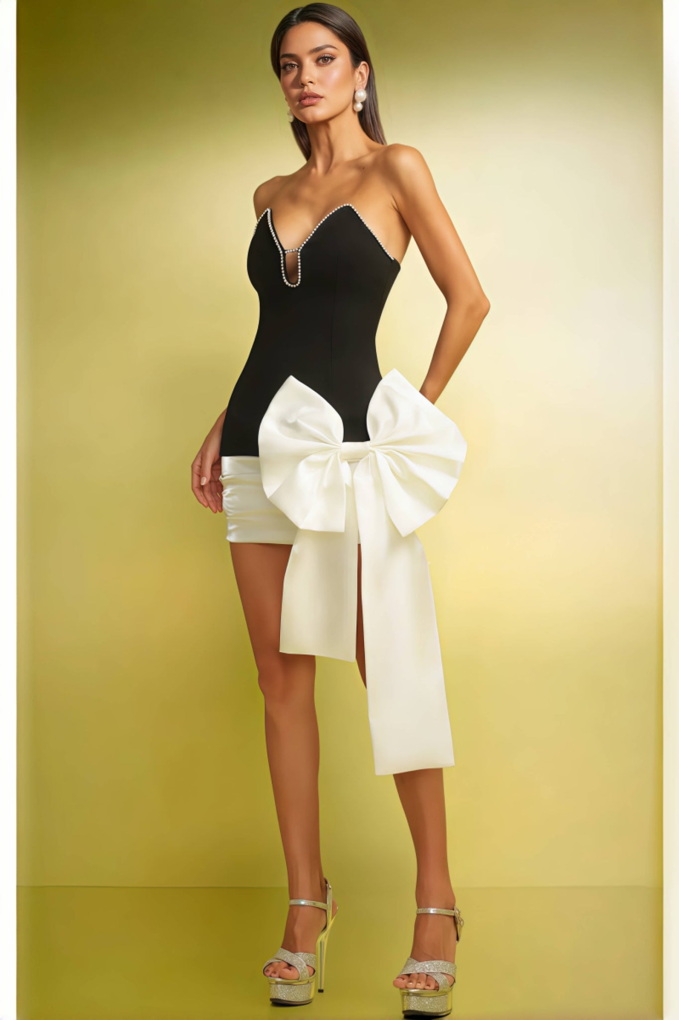 Dazel Deep-v Bow Strapless Slim Mini Dress
