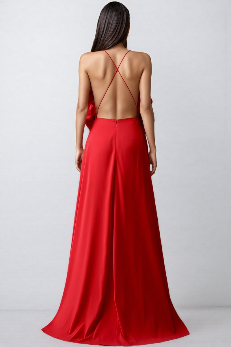Venke Red Strapless 3d Flower Maxi Dress