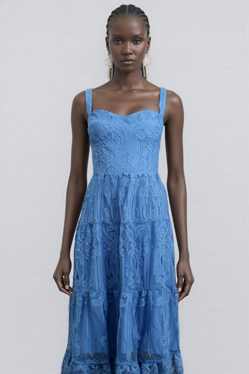 Neona Blue Lace Embroidered Maxi Dress