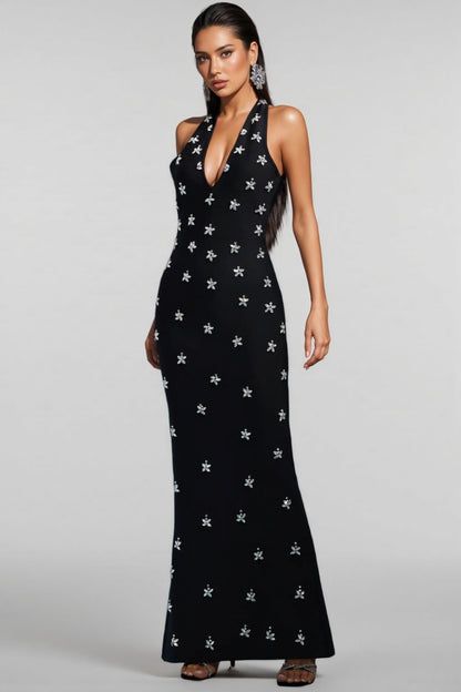 Tersaa Sleeveless Halter Diamond Bandage Maxi Dress