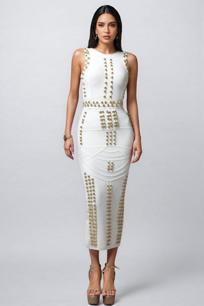 Peyton Round Neck Sleeveless Rivet Bandage Midi Dress