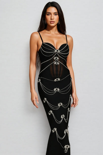 Geyren Sleeveless Diamond V-neck Bandage Maxi Dress