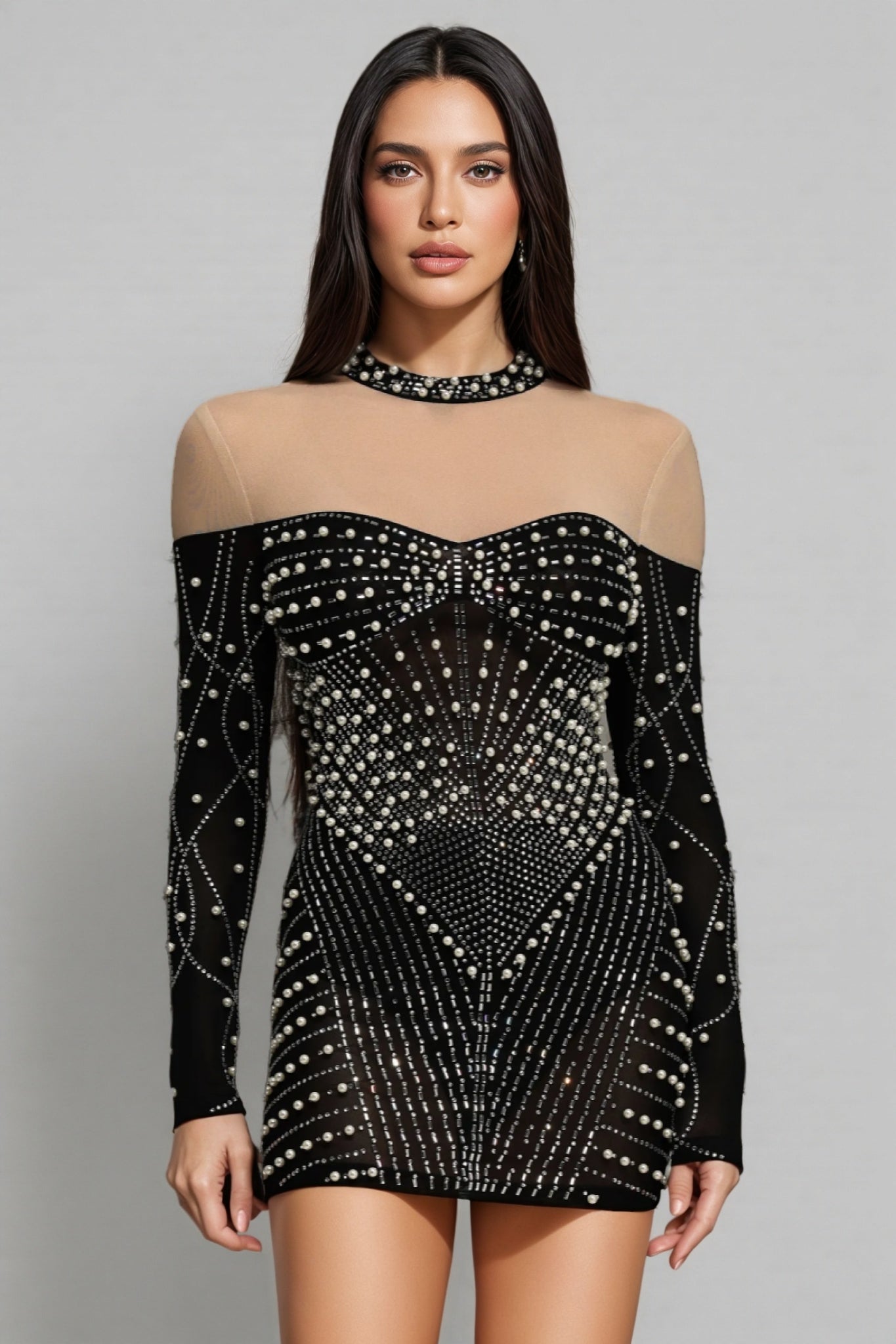 Lousia Long Sleeves Diamond Pearl Mini Dress