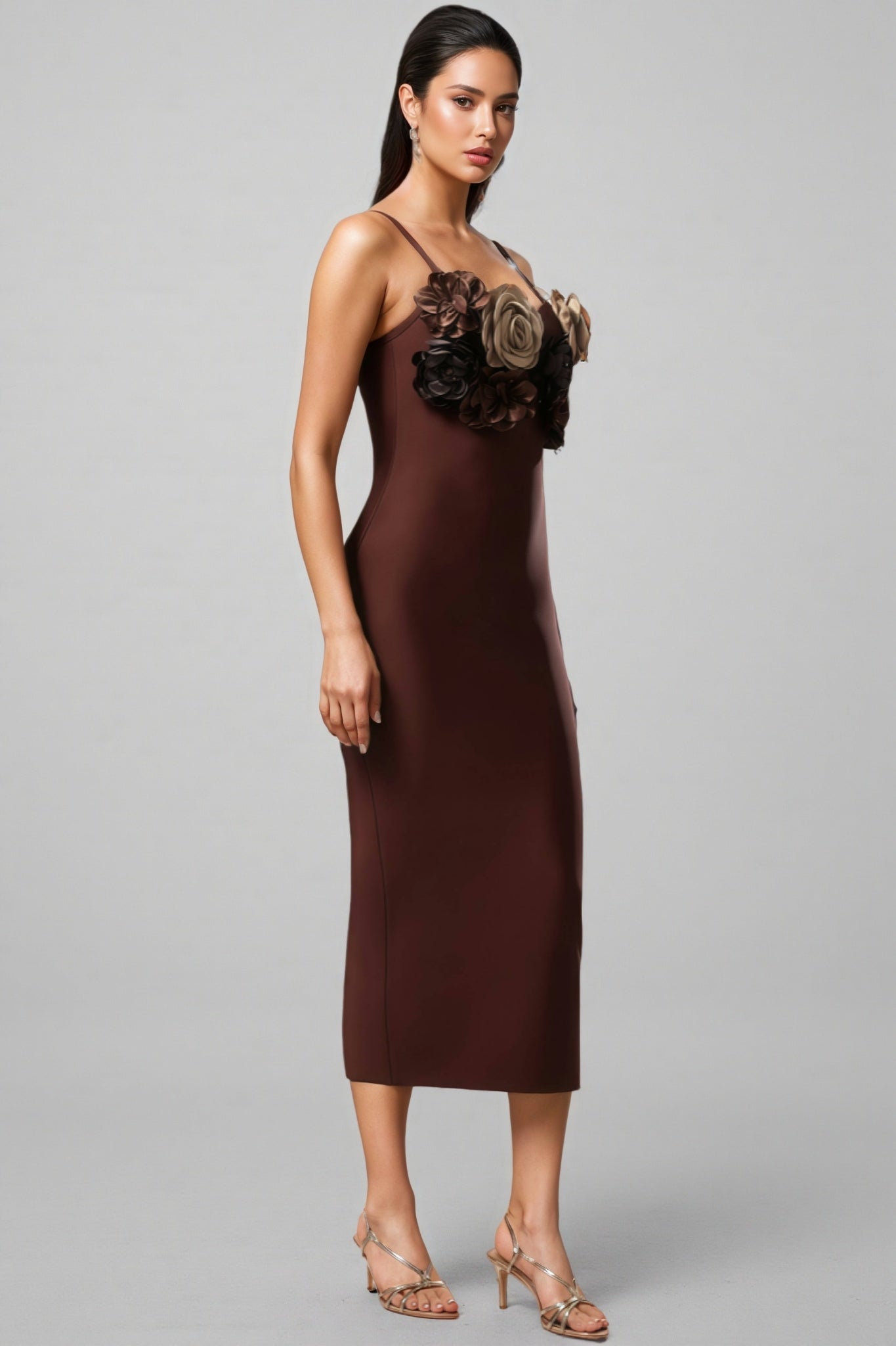 Edyta V-neck Flower Bandage Midi Dress