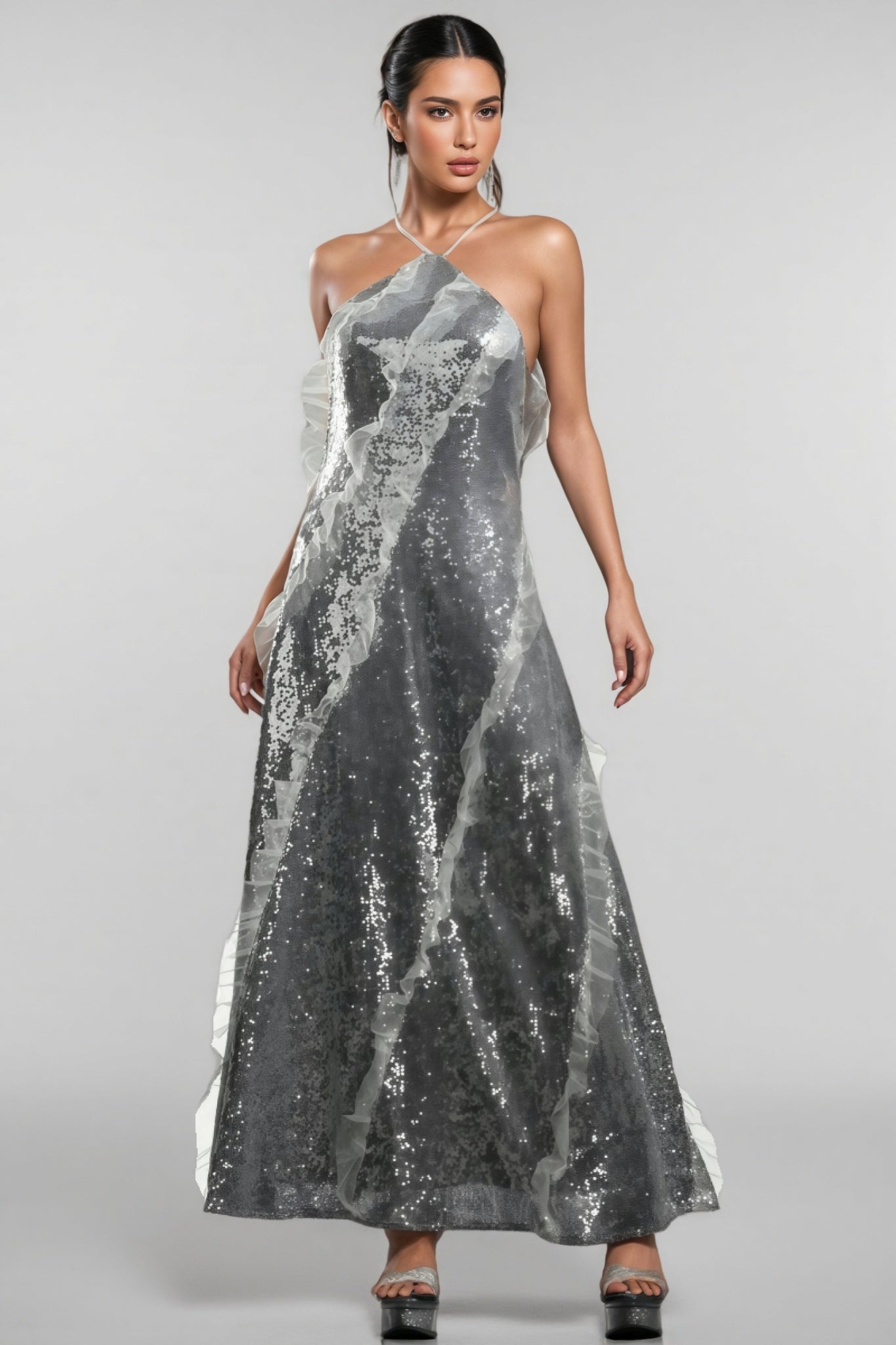 Coler Halter Sequins Ruffled Maxi Dress