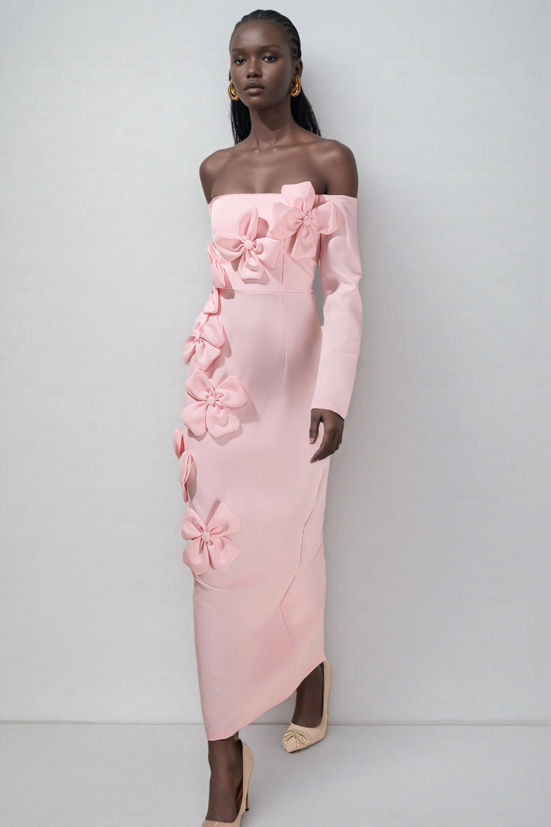 Verna Pink 3d Flower Off-shoulder Midi Dress