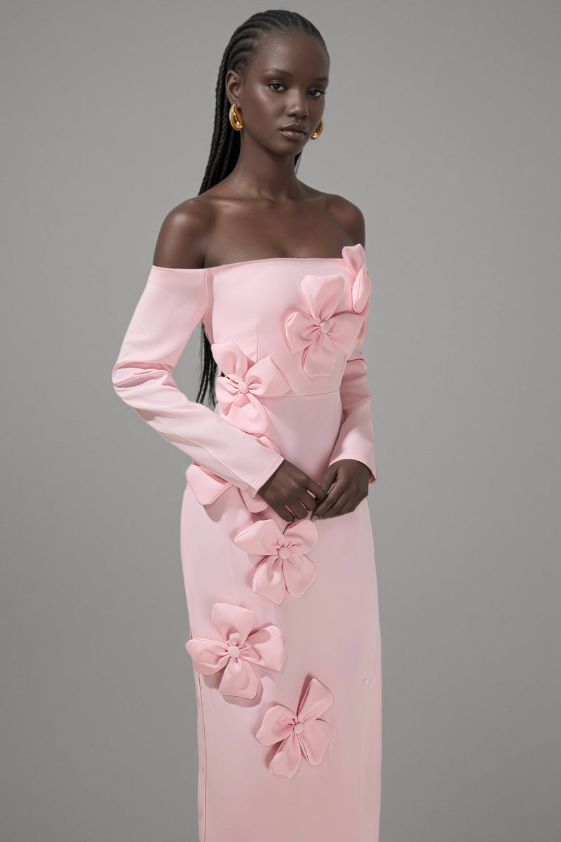 Verna Pink 3d Flower Off-shoulder Midi Dress