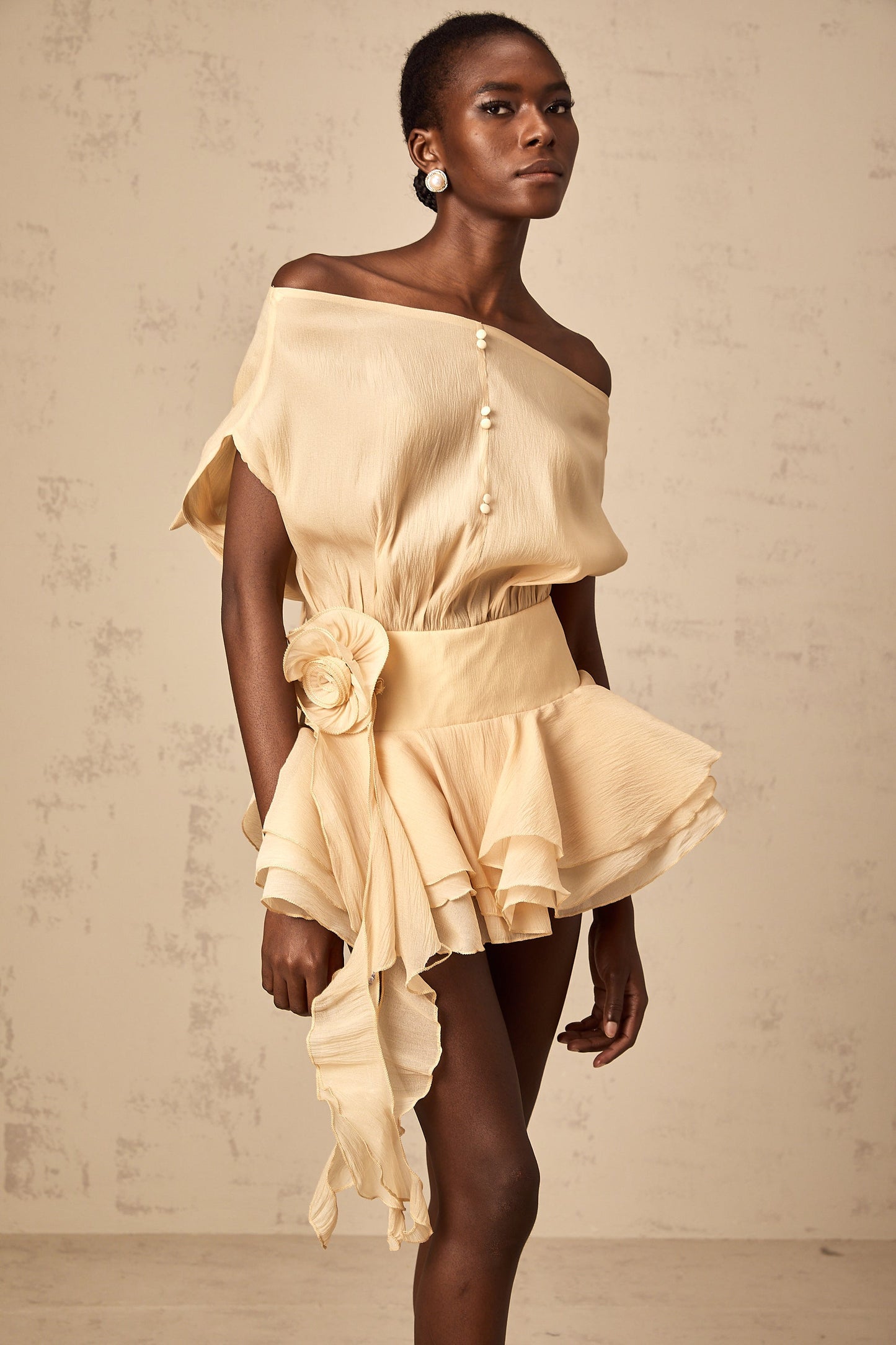 Marina Off Shoulder Applique Dress & Shorts Set