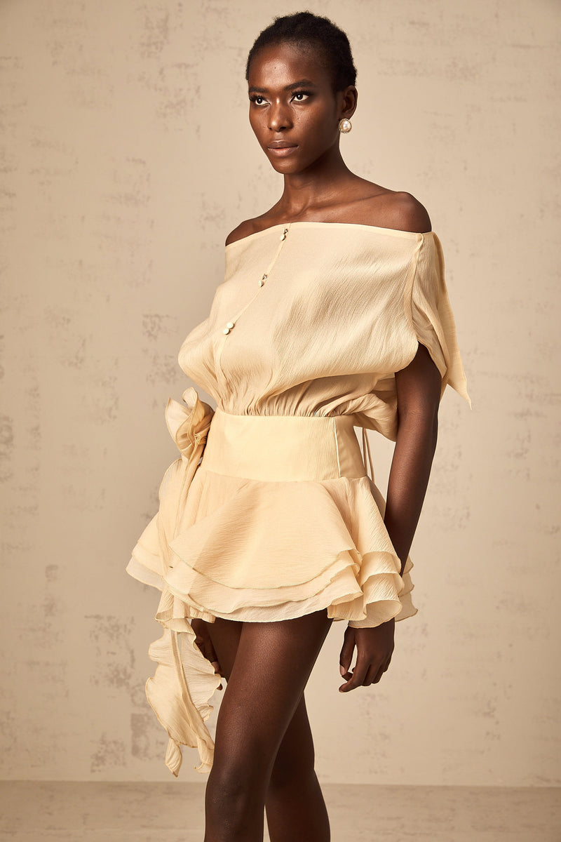 Marina Off Shoulder Applique Dress & Shorts Set