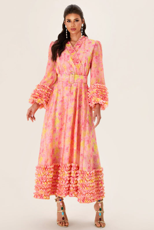 Long Sleeve V-neck Midi Dress With Belt