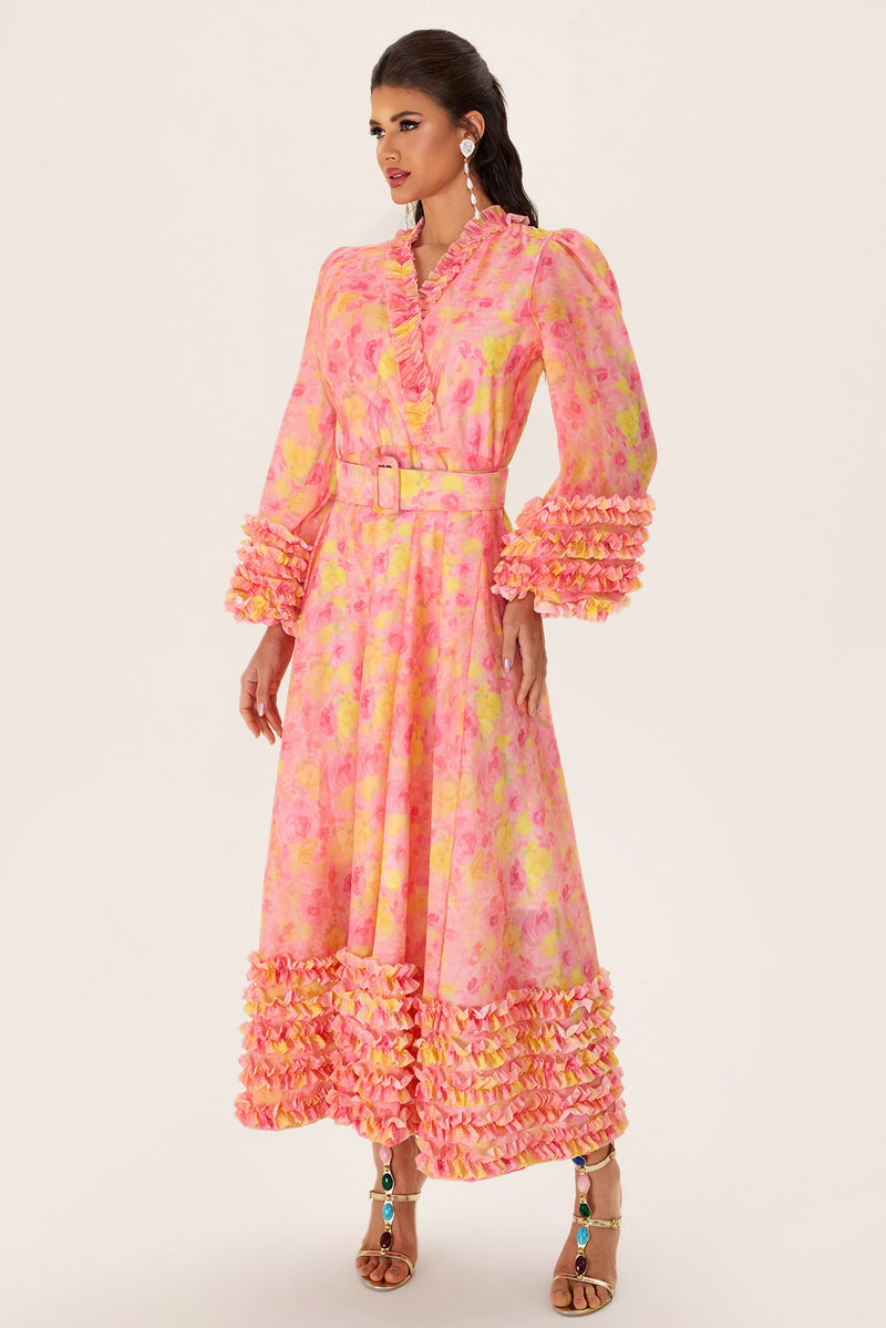 Long Sleeve V-neck Midi Dress With Belt