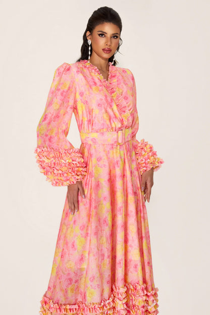 Long Sleeve V-neck Midi Dress With Belt