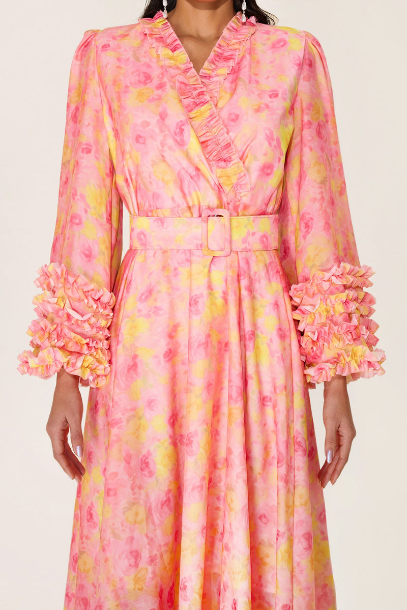 Long Sleeve V-neck Midi Dress With Belt