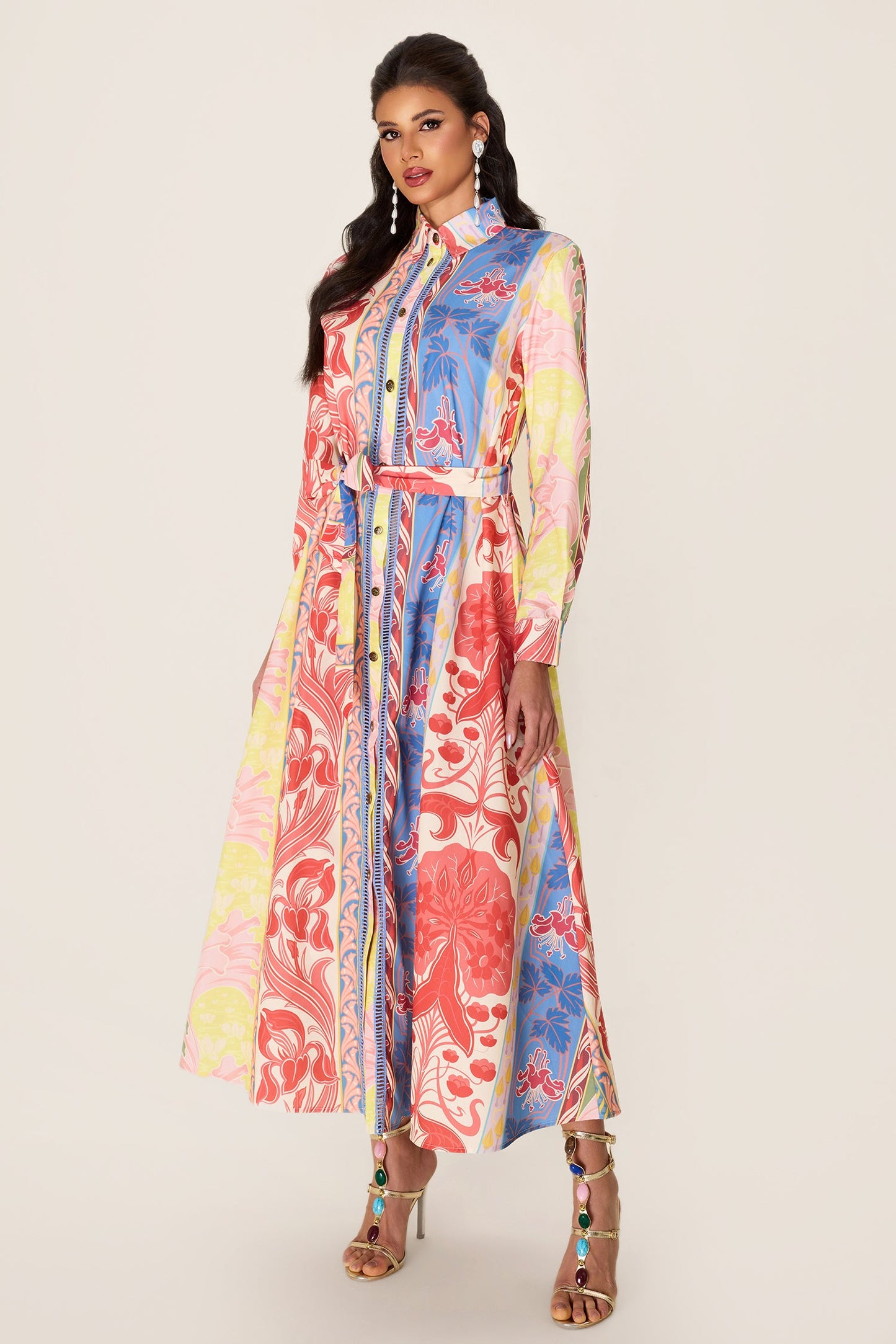 Botanical Print Long Sleeve Midi Dress