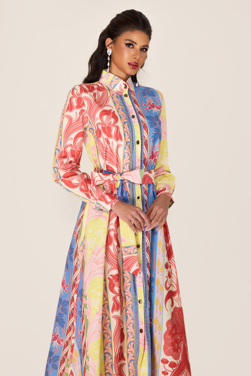 Botanical Print Long Sleeve Midi Dress