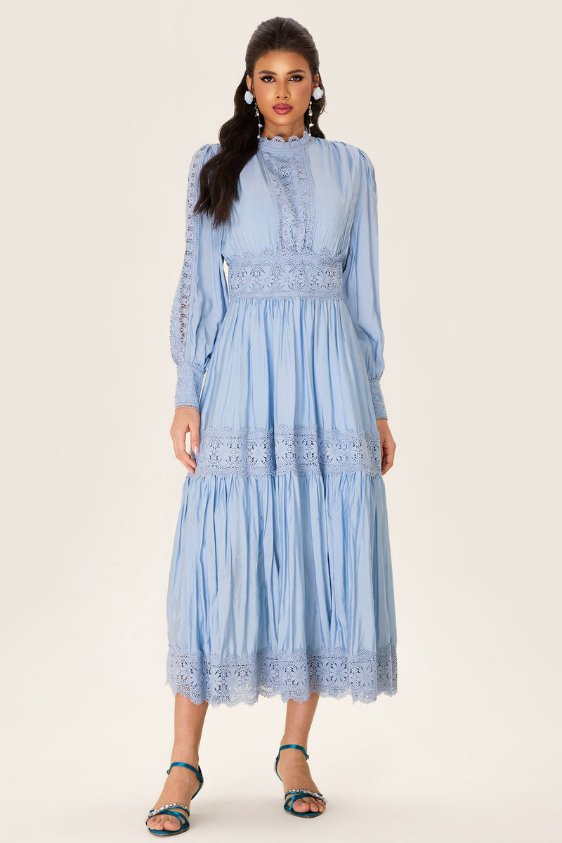 Lace Lantern Sleeve Midi Dress