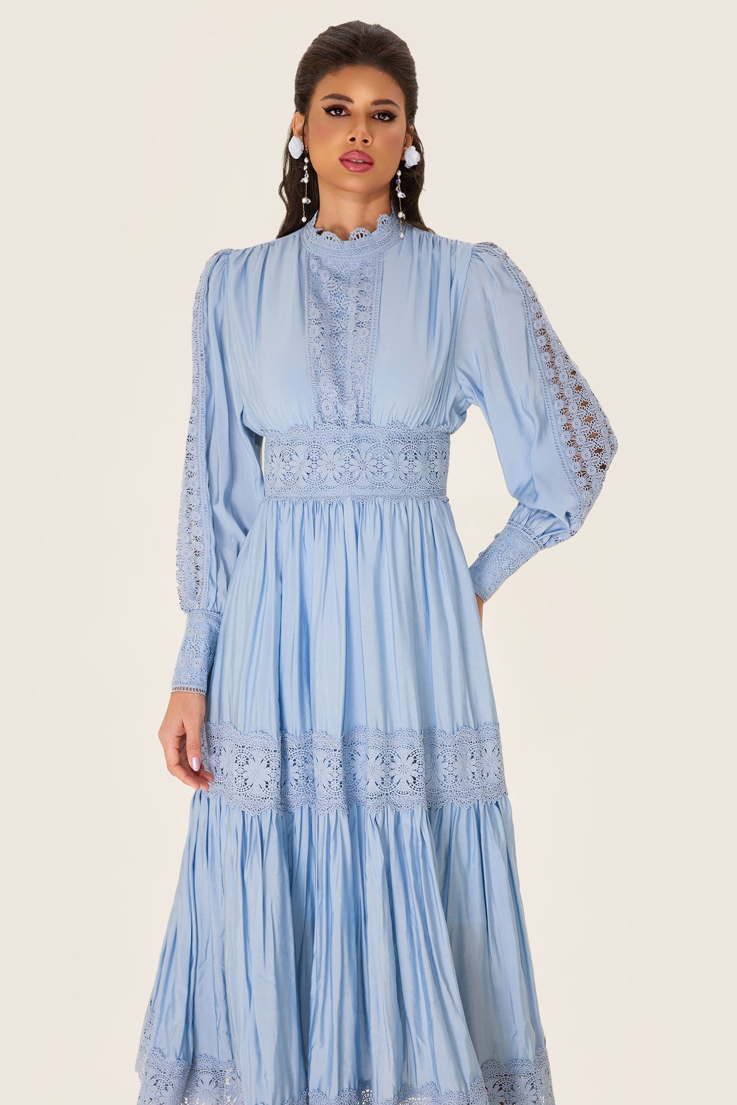 Lace Lantern Sleeve Midi Dress