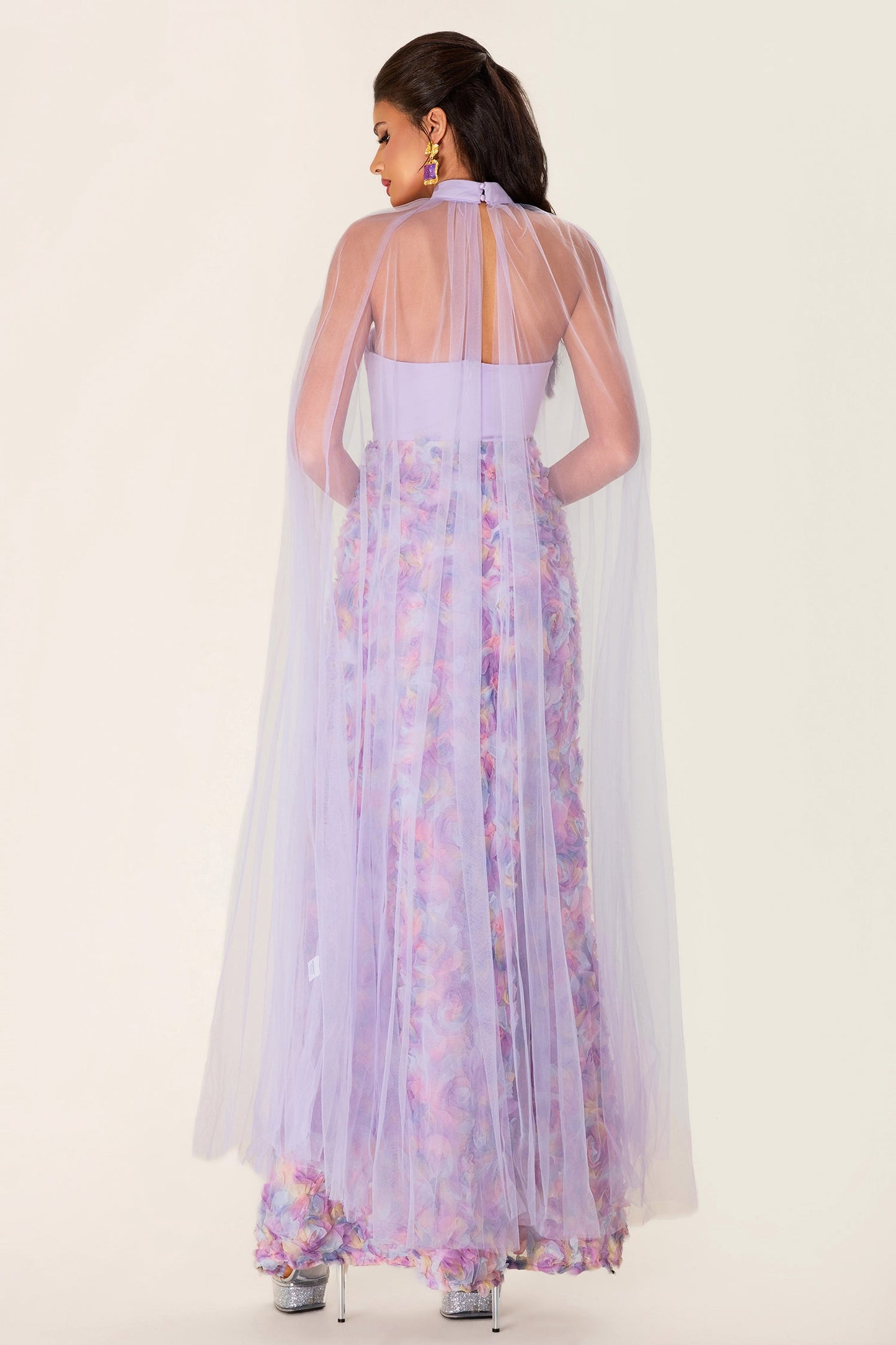 3d Flower Heart Shape Neck Maxi Dress With Cape