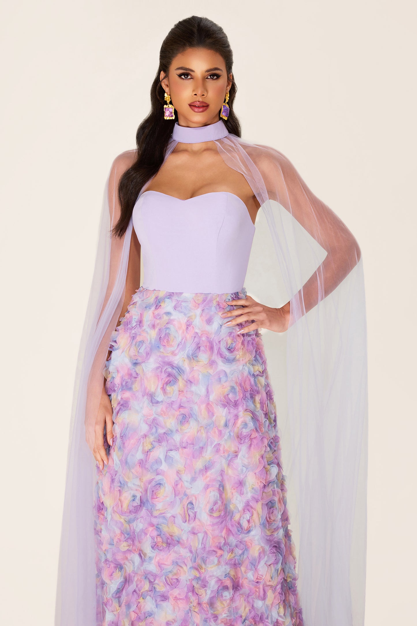 3d Flower Heart Shape Neck Maxi Dress With Cape