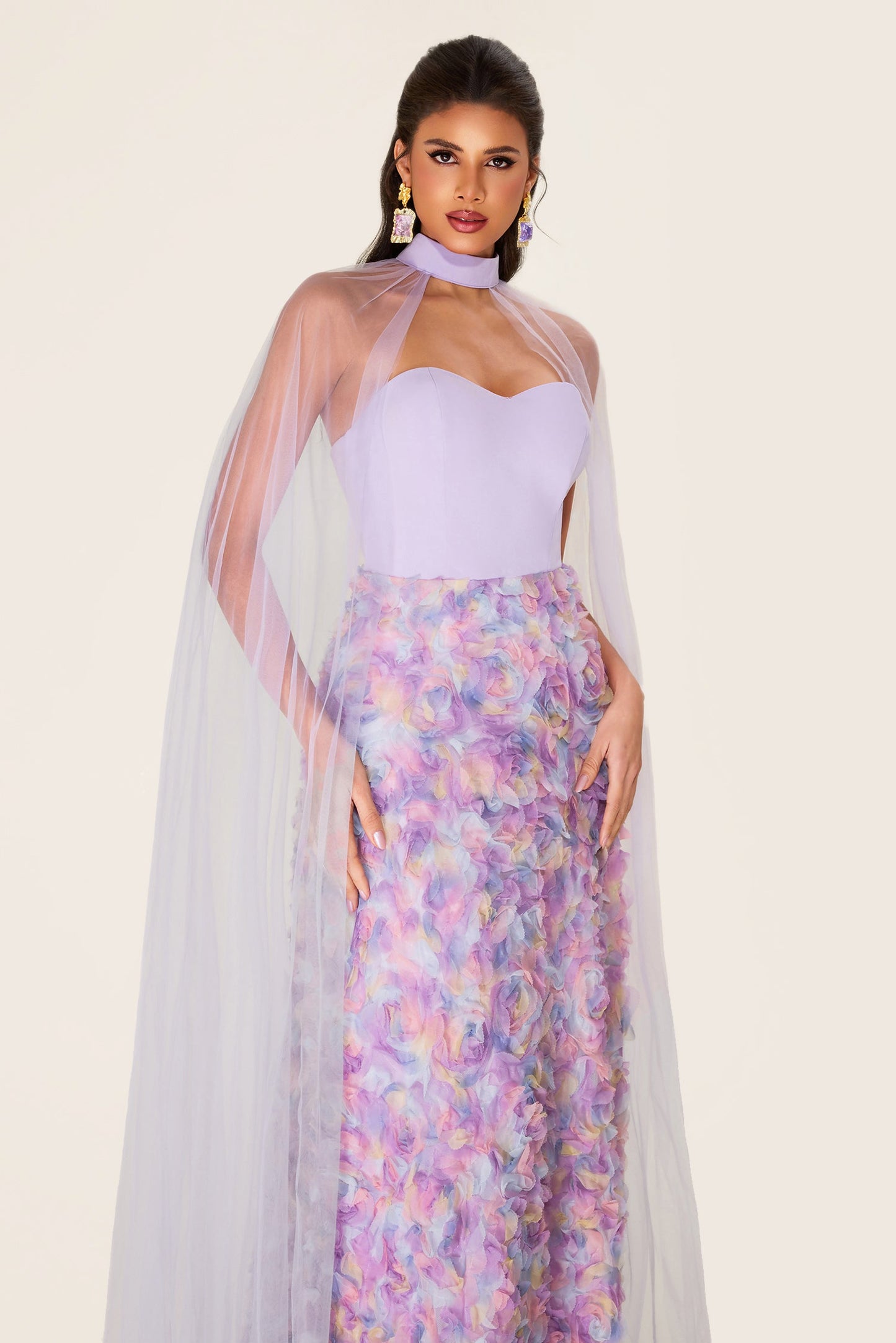 3d Flower Heart Shape Neck Maxi Dress With Cape