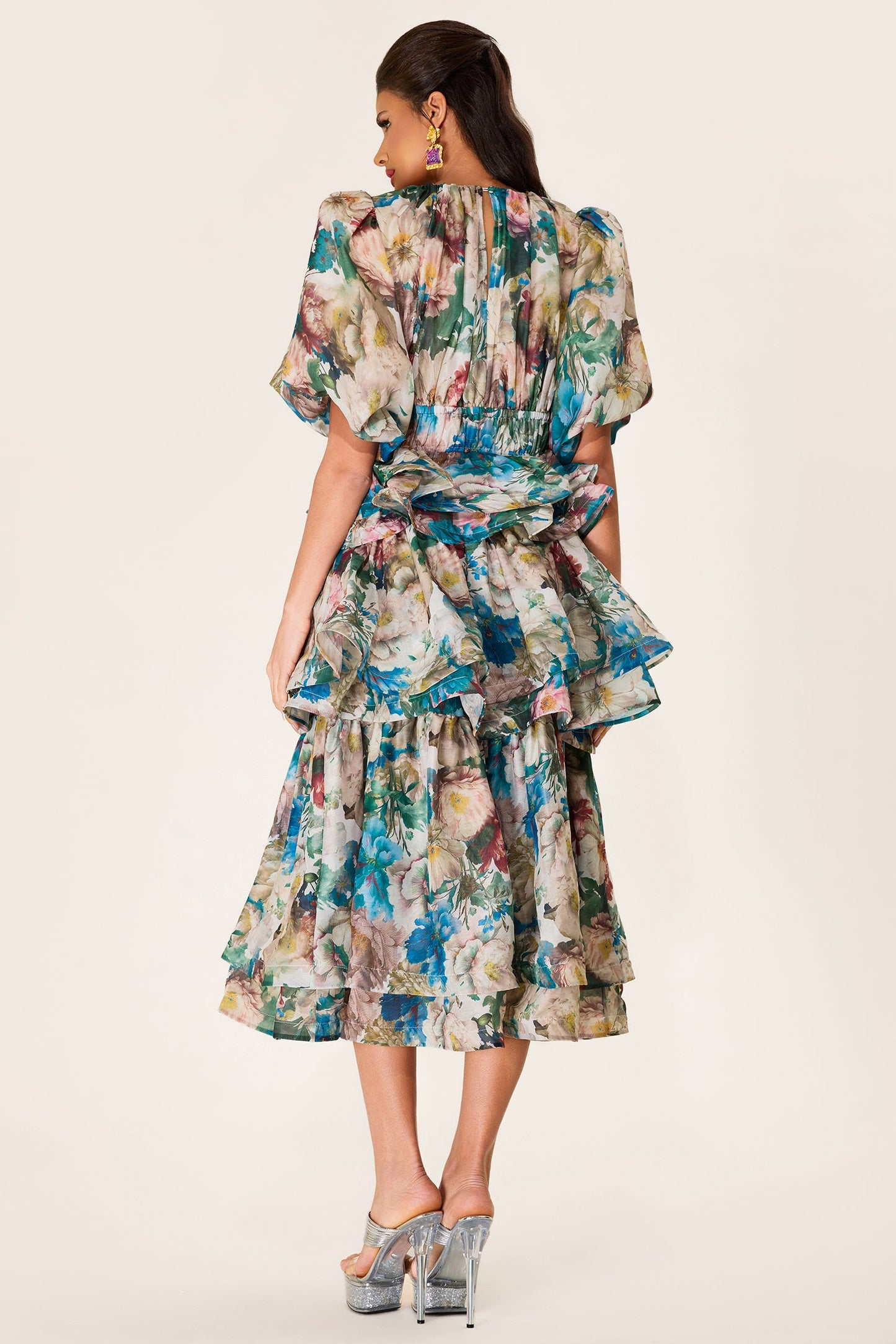 Puff Sleeve Tiered Midi Dress