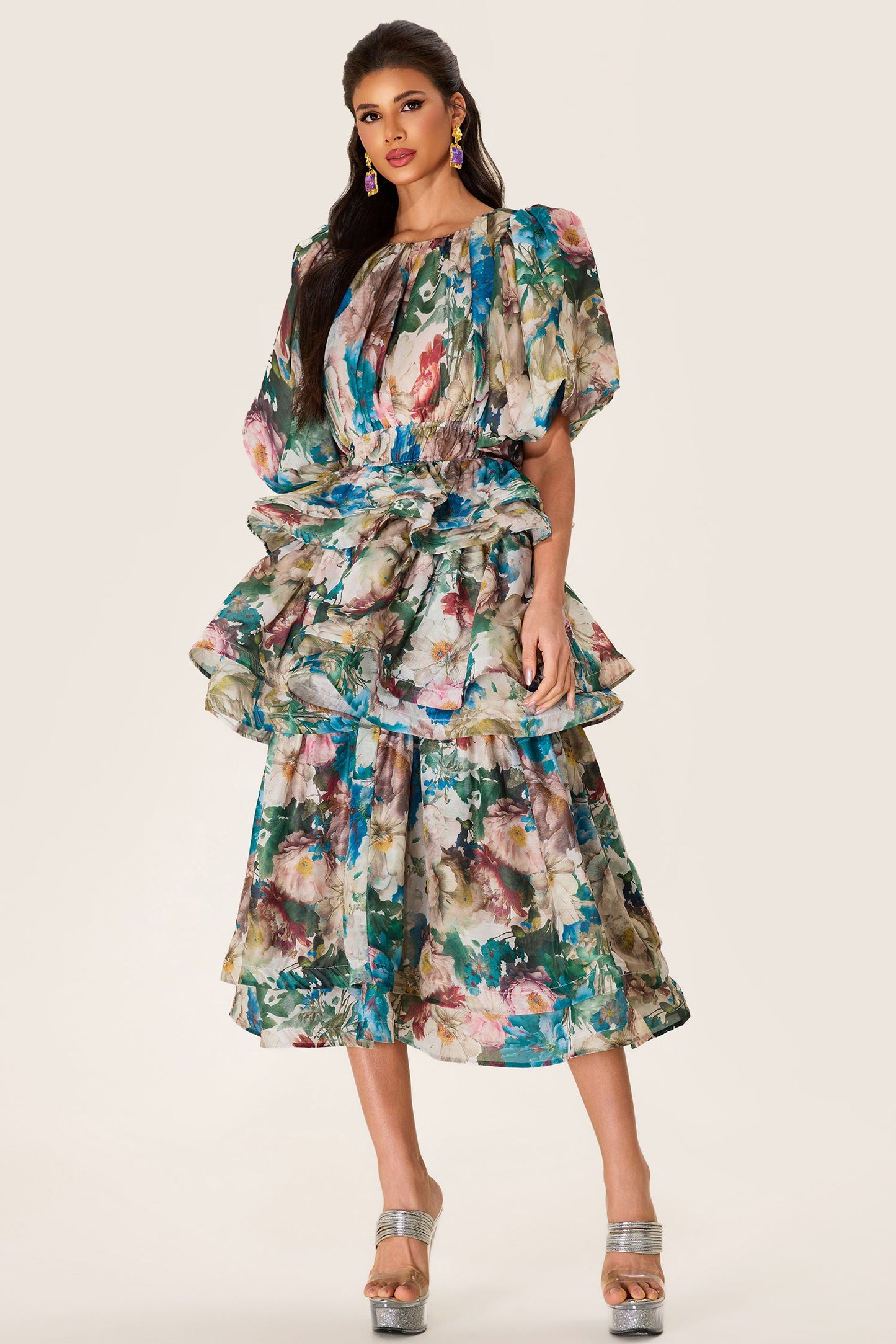 Puff Sleeve Tiered Midi Dress