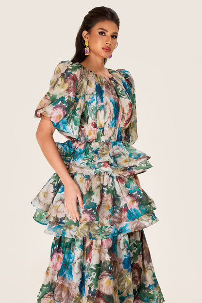 Puff Sleeve Tiered Midi Dress