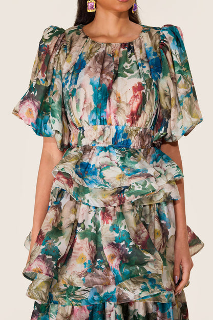 Puff Sleeve Tiered Midi Dress