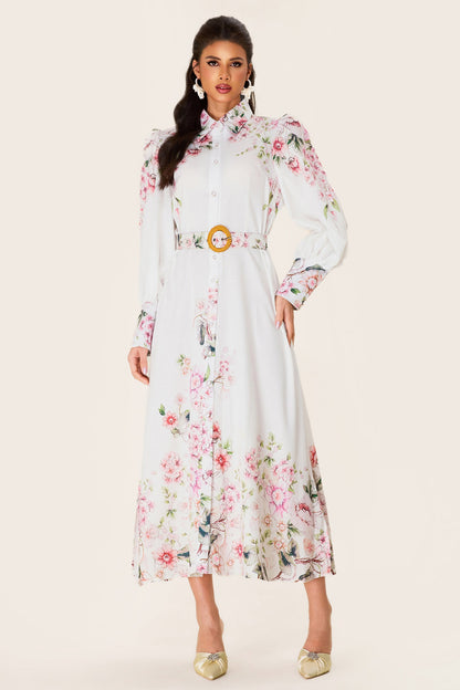 Lantern Sleeve Midi Dress With Belt